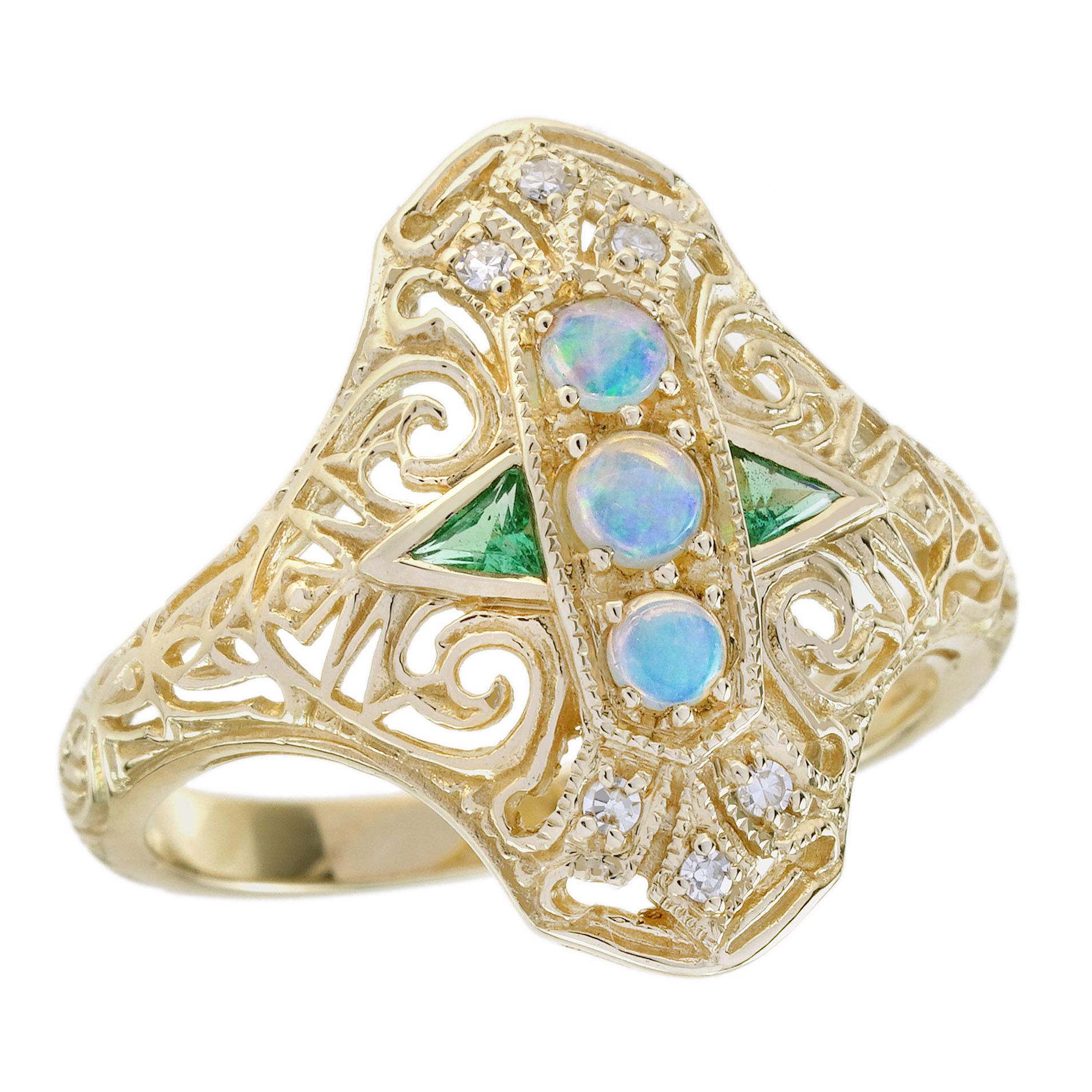 Opal Emerald and Diamond Vintage Style Three Stones Ring in Solid 9K Yellow Gold