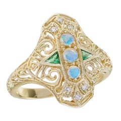 Opal Emerald and Diamond Vintage Style Three Stones Ring in Solid 9K Yellow Gold