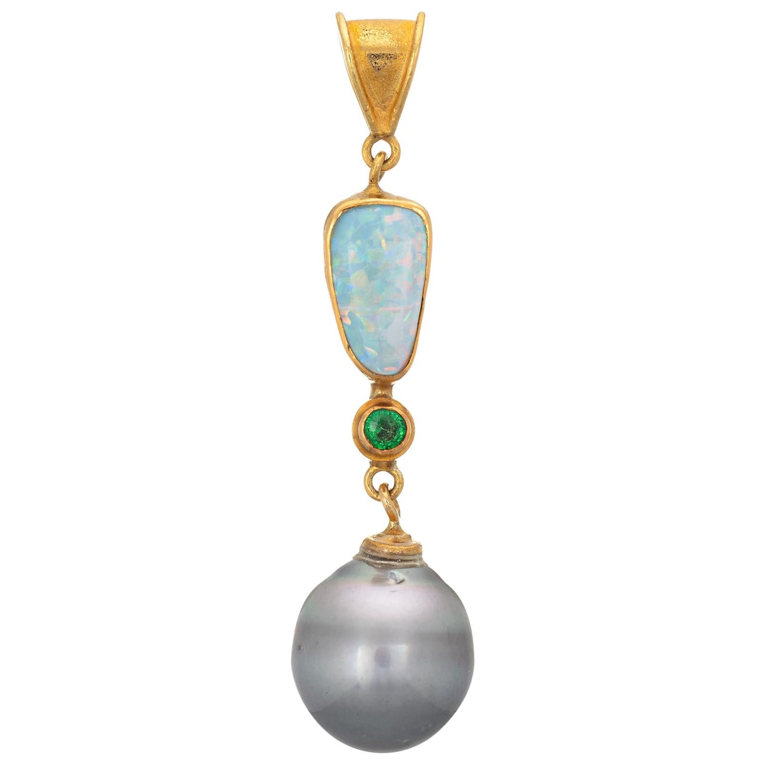 Opal Emerald Baroque Pearl Pendant Vintage 22 Karat Gold Estate Fine Jewelry