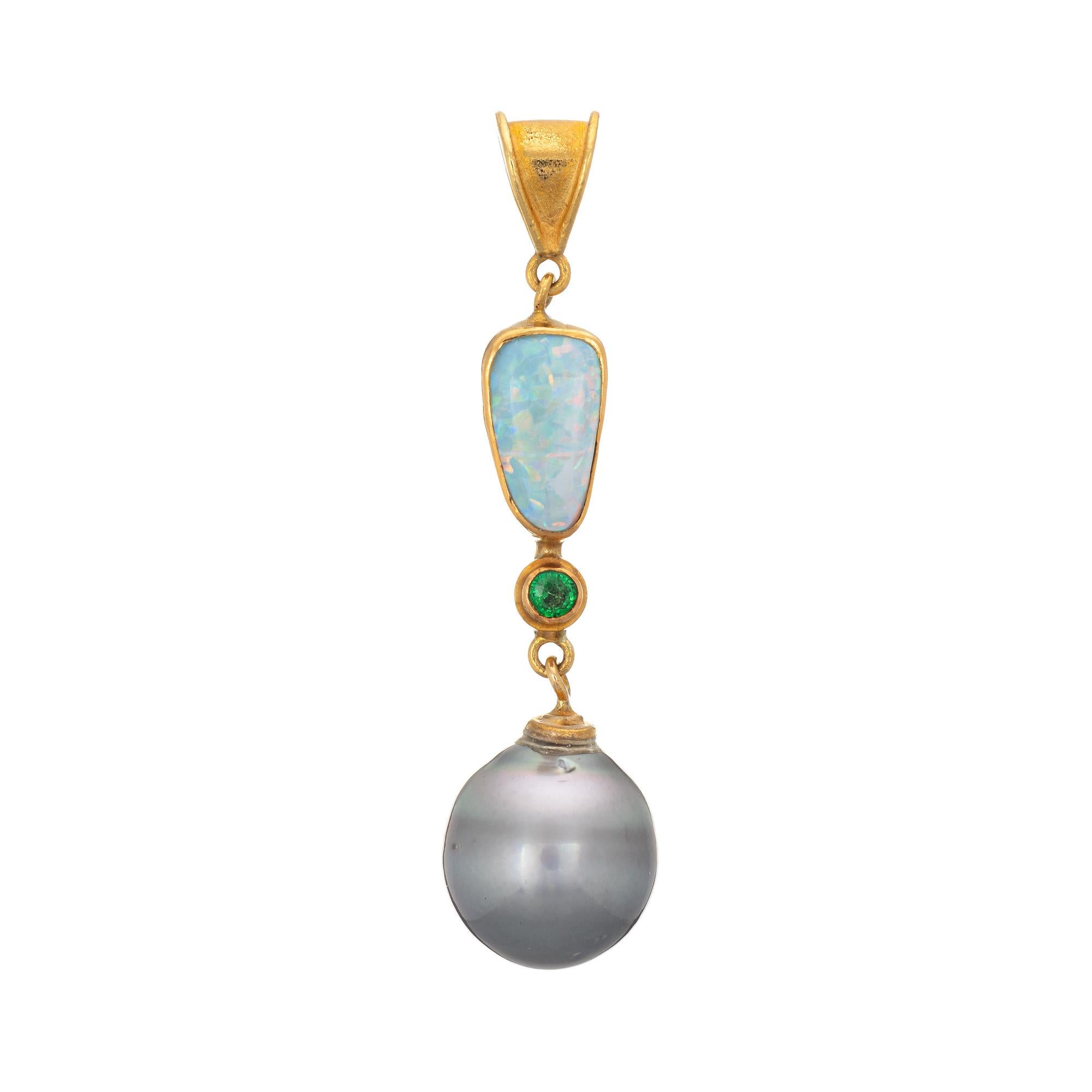 Round Cut Opal Emerald Baroque Pearl Pendant Vintage 22 Karat Gold Estate Fine Jewelry