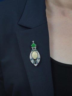 Opal Emerald Cabochon Sapphire Diamond Art Deco Style Peacock Brooch in 14K Gold
