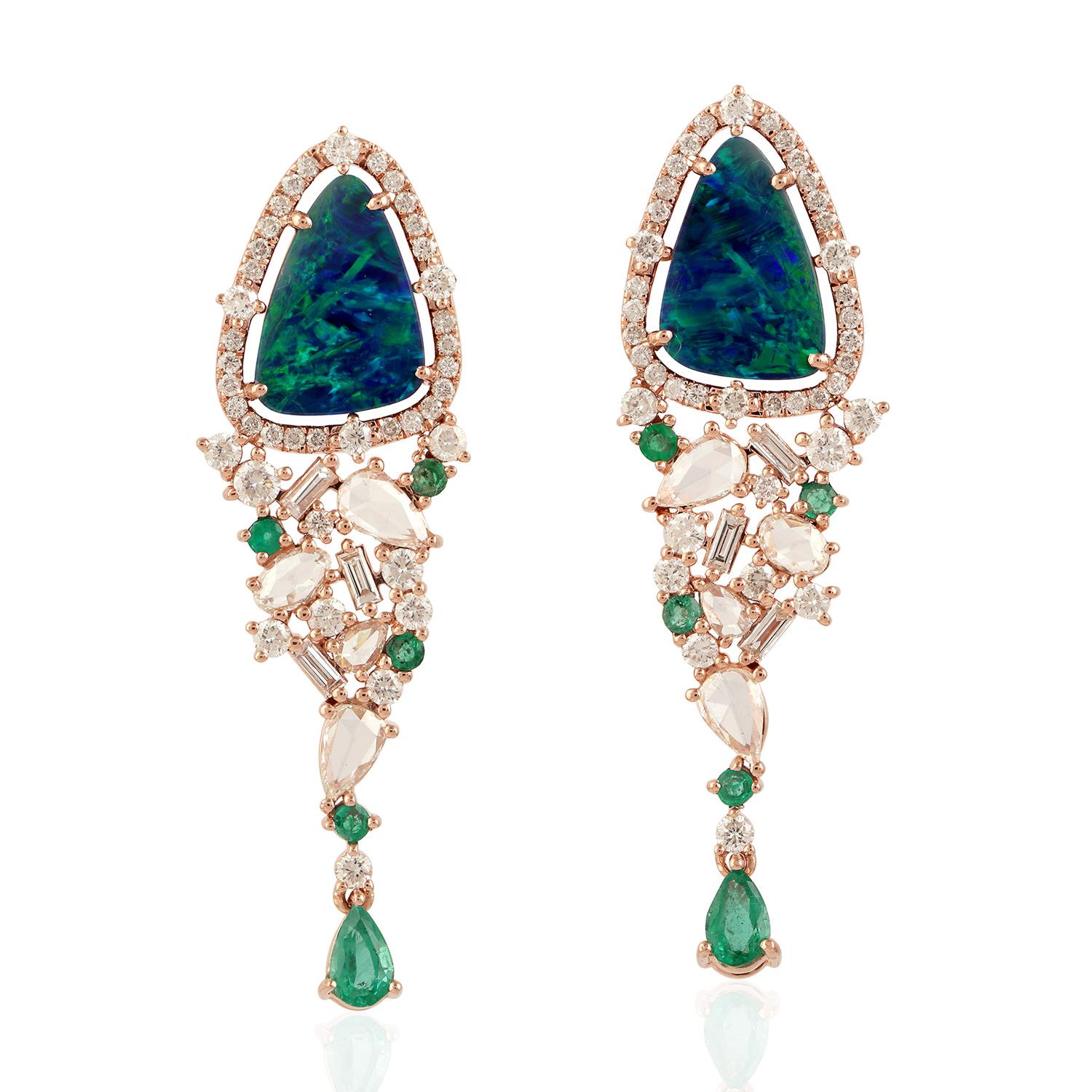 Cabochon Opal Emerald Diamond 18 Karat Gold Earrings For Sale