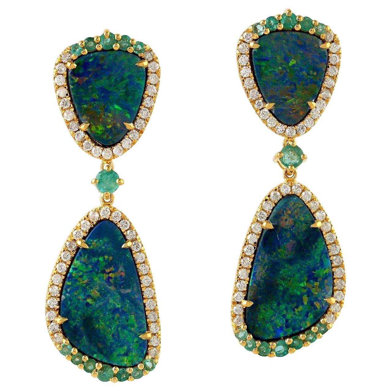 Opal Emerald Diamond 18 Karat Gold Earrings