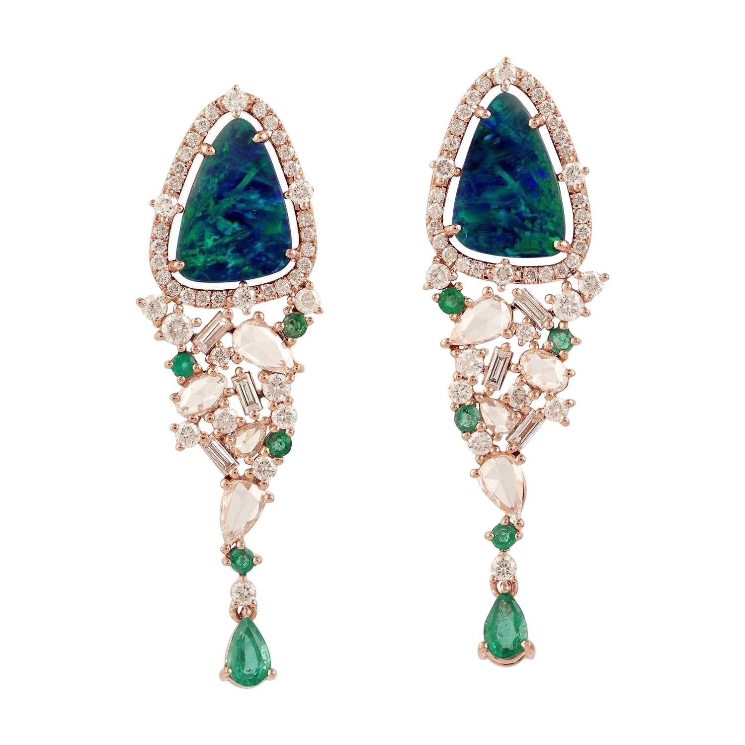 Opal Emerald Diamond 18 Karat Gold Earrings