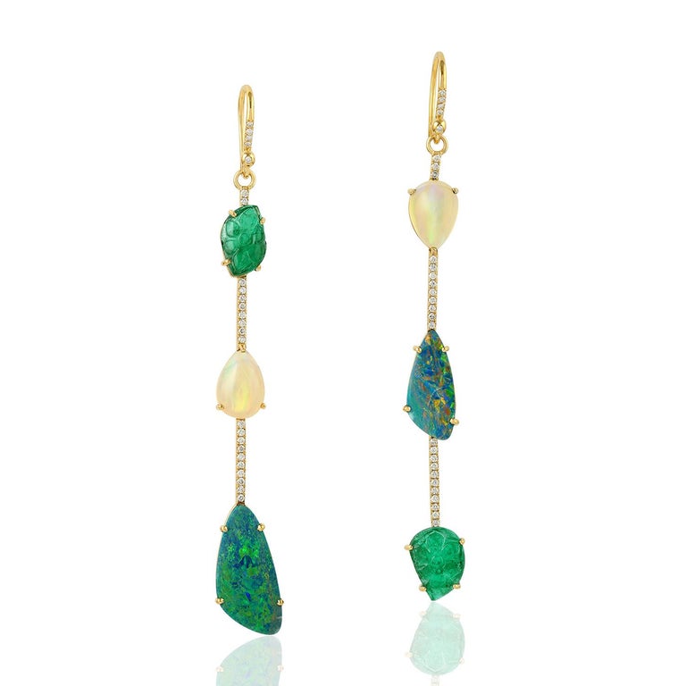 Opal Emerald Diamond 18 Karat Gold Linear Earrings For Sale (Free