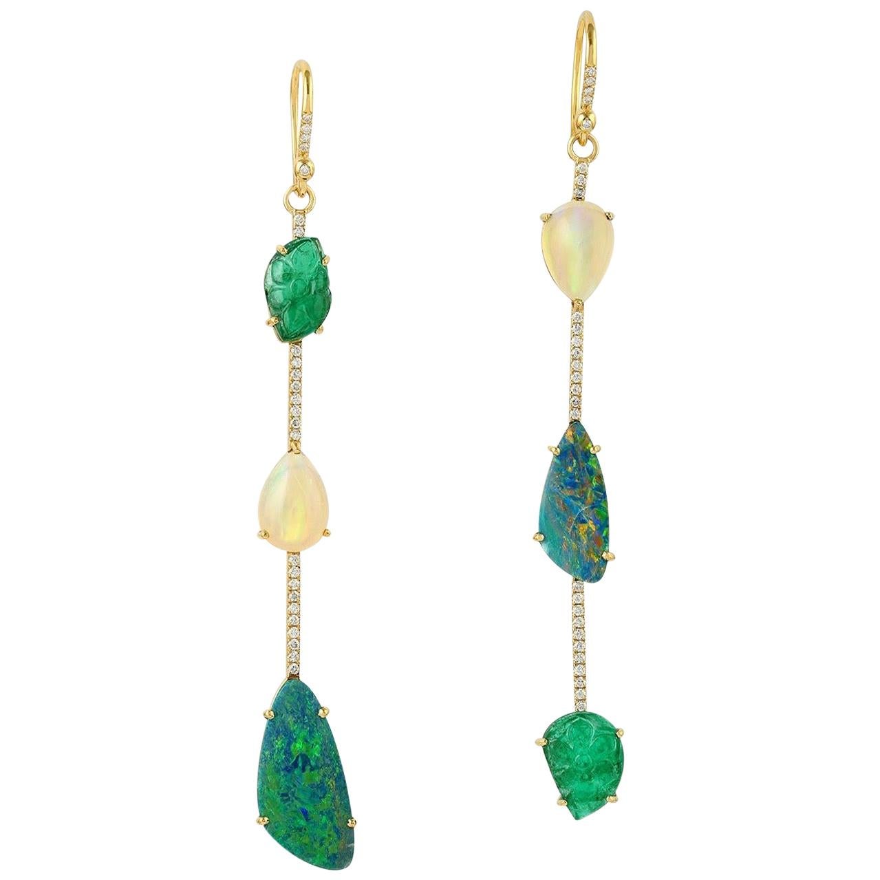 Opal Emerald Diamond 18 Karat Gold Linear Earrings