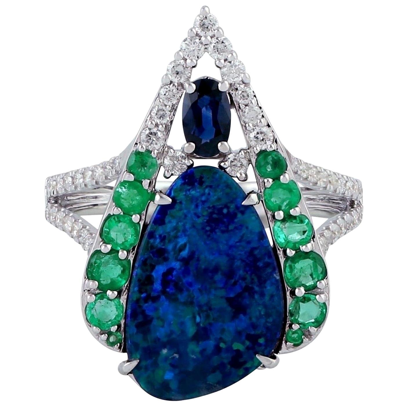 For Sale:  Opal Emerald Diamond 18 Karat Gold Ring