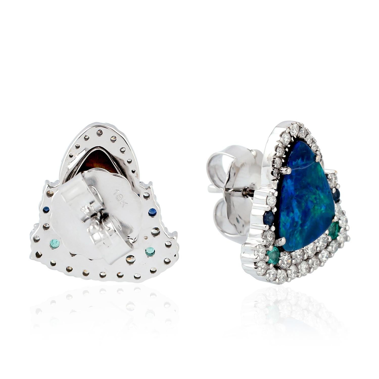 Contemporary Opal Emerald Diamond 18 Karat Gold Stud Earrings For Sale