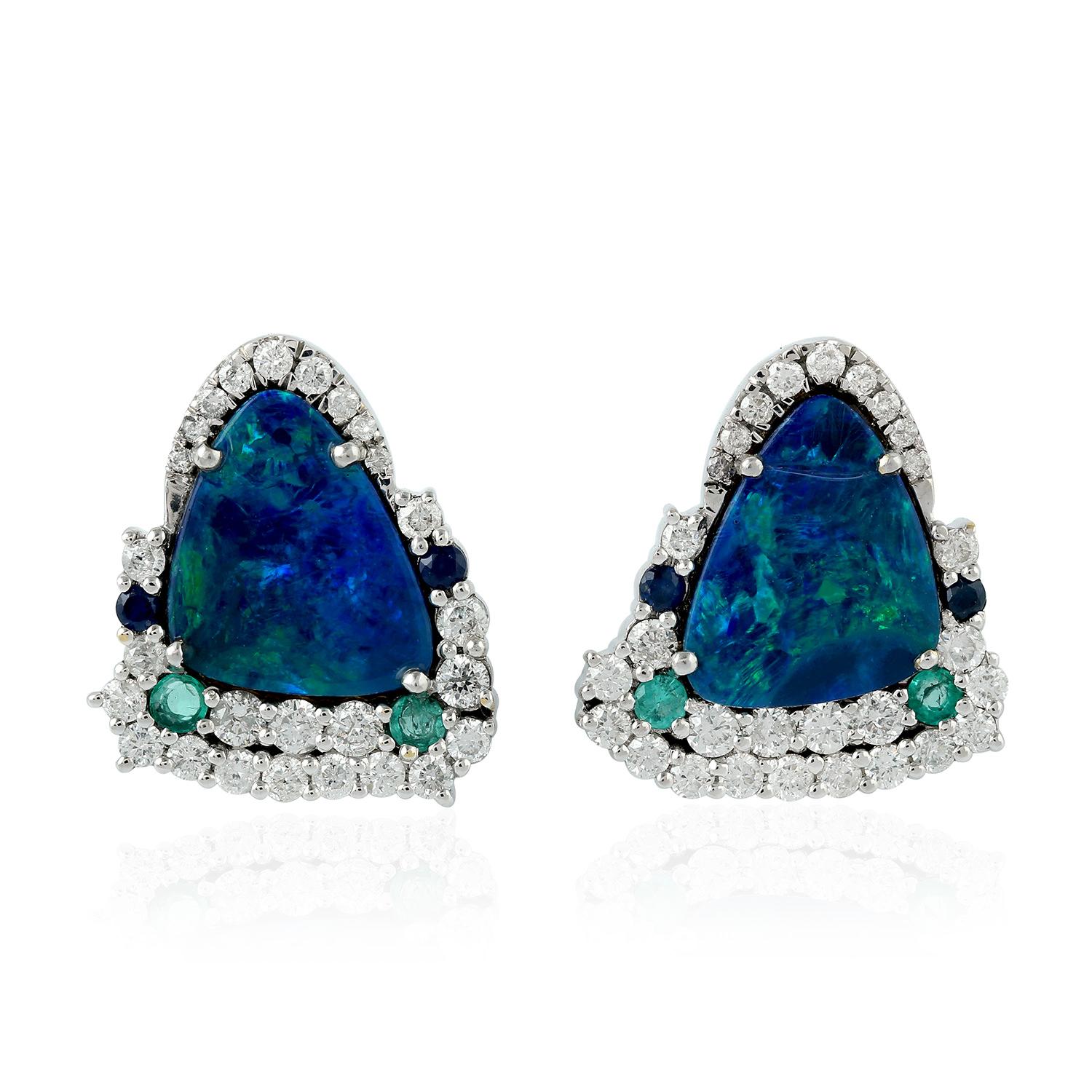 Mixed Cut Opal Emerald Diamond 18 Karat Gold Stud Earrings For Sale