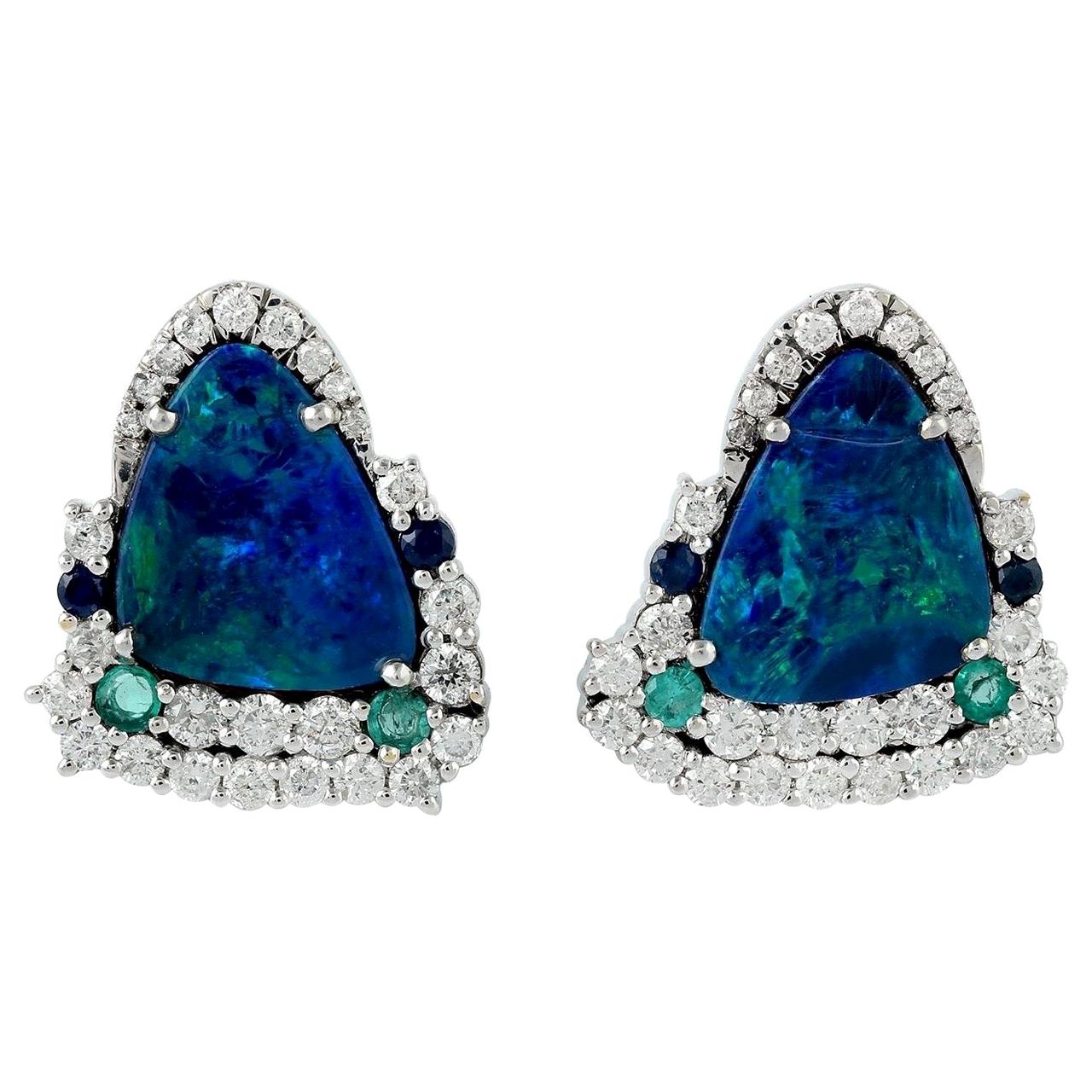 Opal Emerald Diamond 18 Karat Gold Stud Earrings