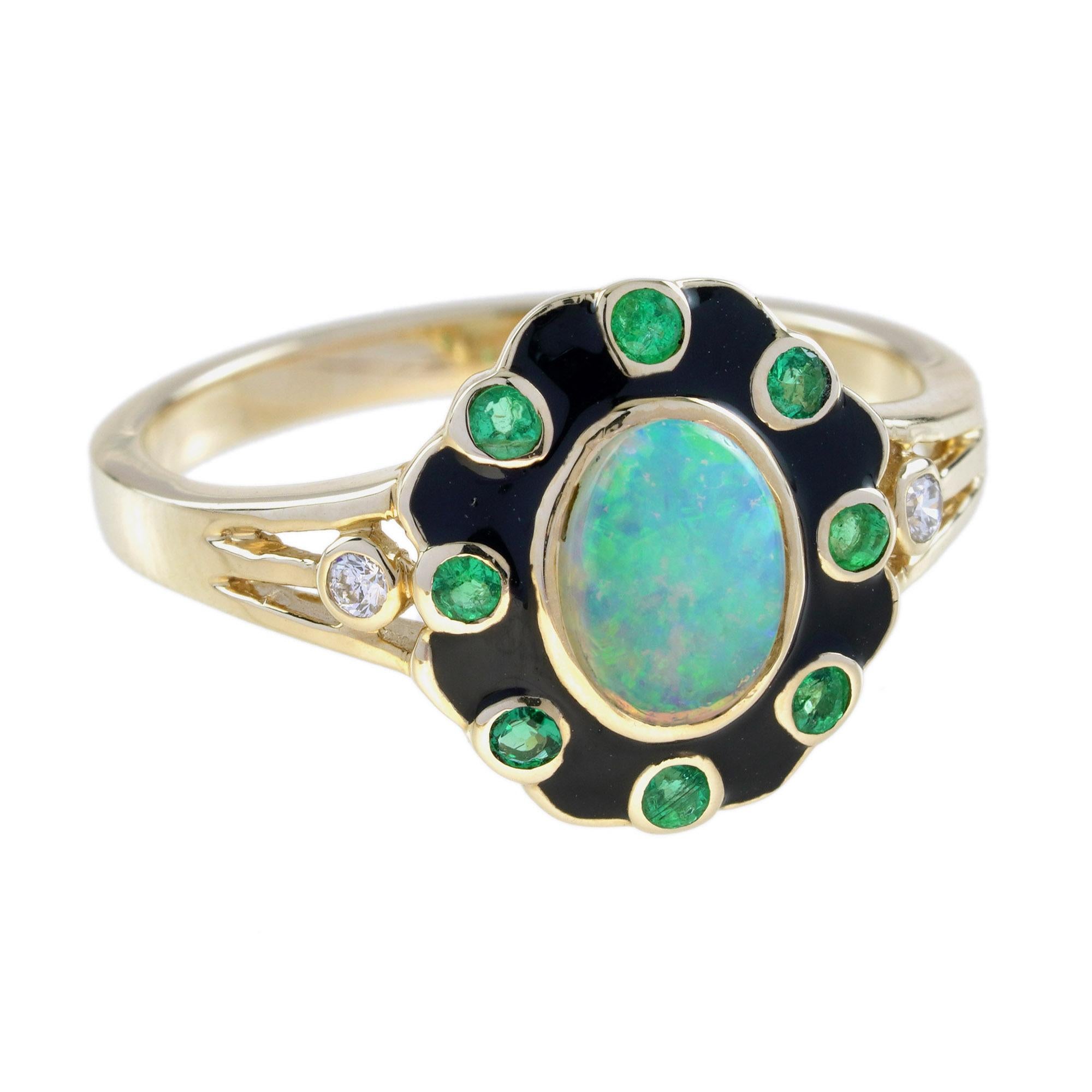 Oval Cut Opal Emerald Diamond Art Deco Style Halo Ring in 9K Yellow Gold For Sale