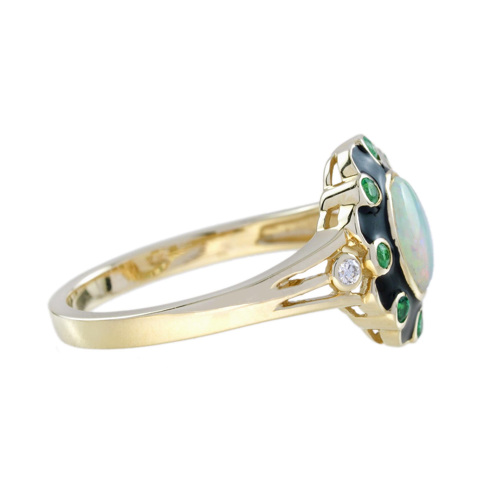Opal Emerald Diamond Art Deco Style Halo Ring in 9K Yellow Gold In New Condition For Sale In Bangkok, TH