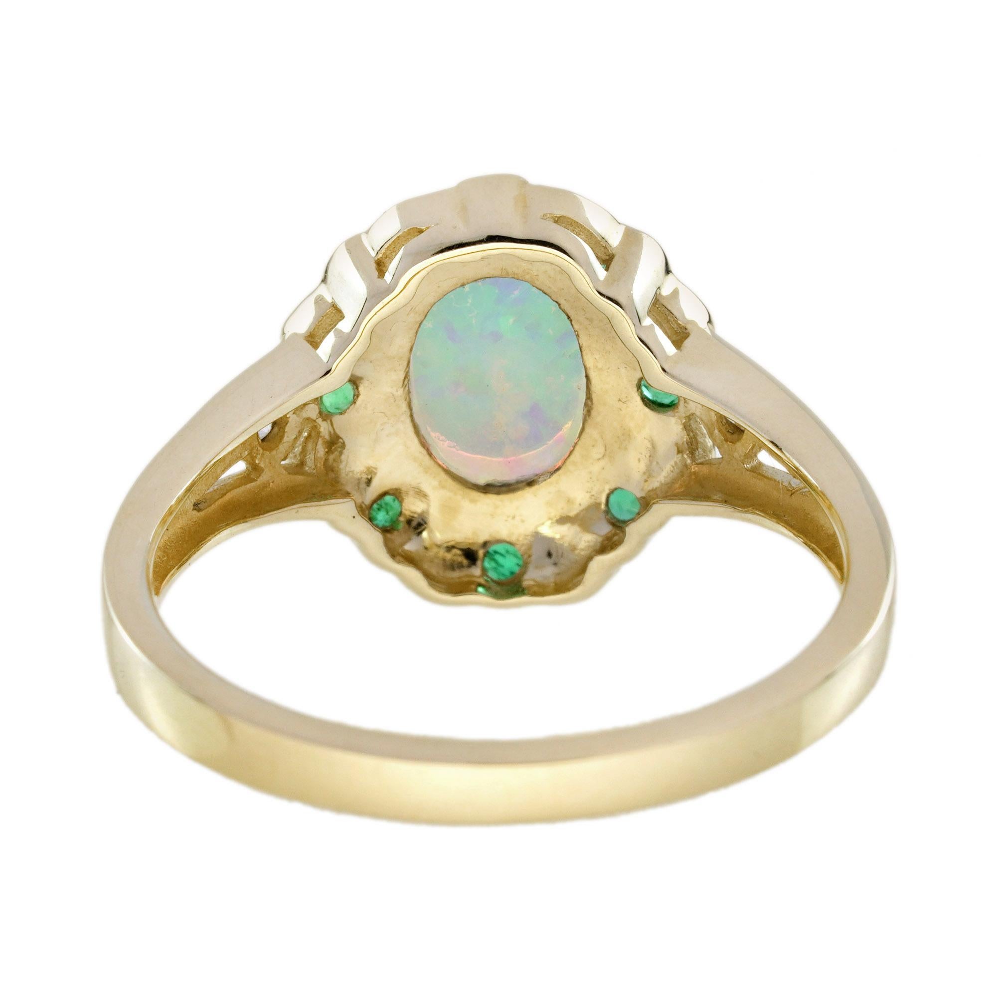 Women's Opal Emerald Diamond Art Deco Style Halo Ring in 9K Yellow Gold For Sale