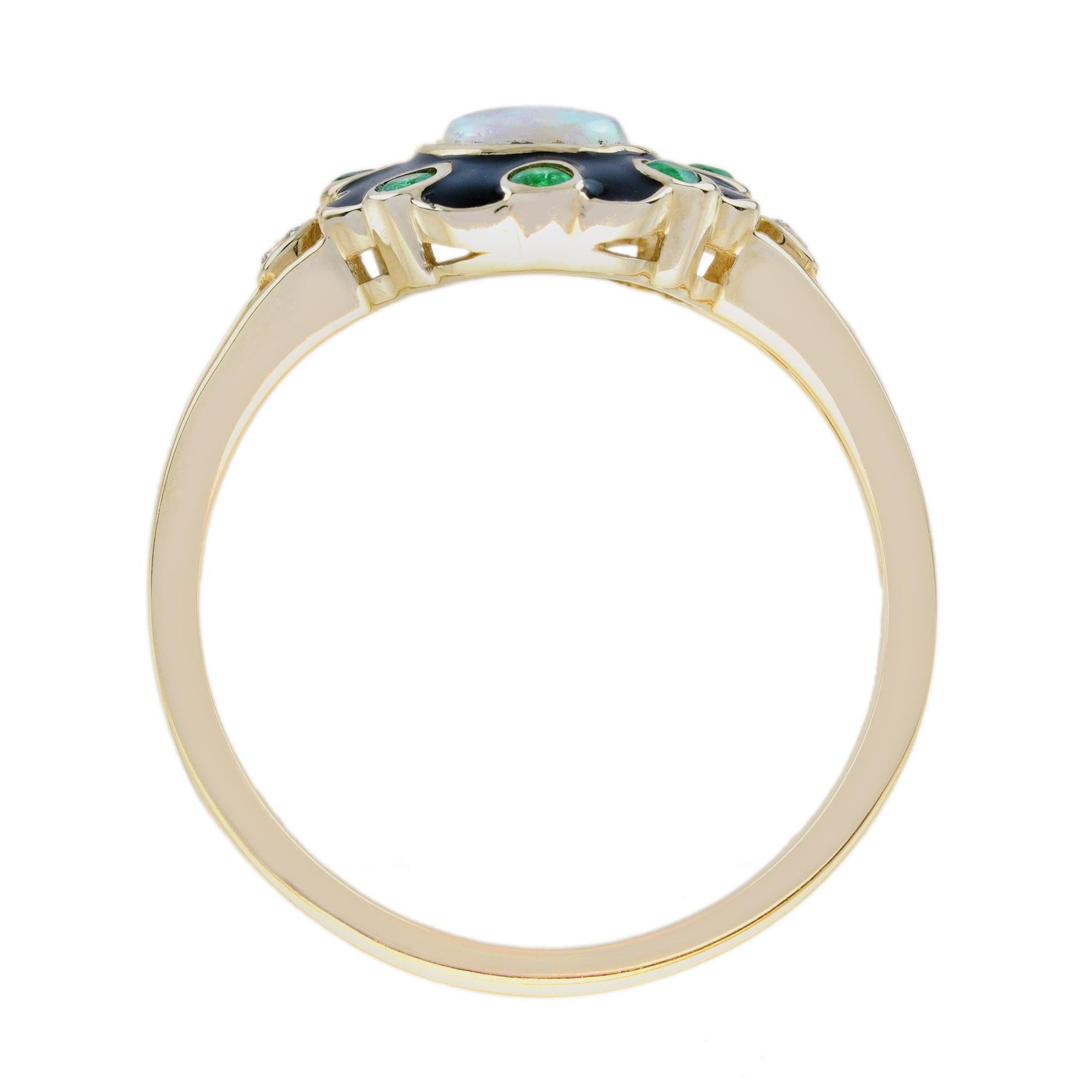 Opal Emerald Diamond Art Deco Style Halo Ring in 9K Yellow Gold For Sale 1