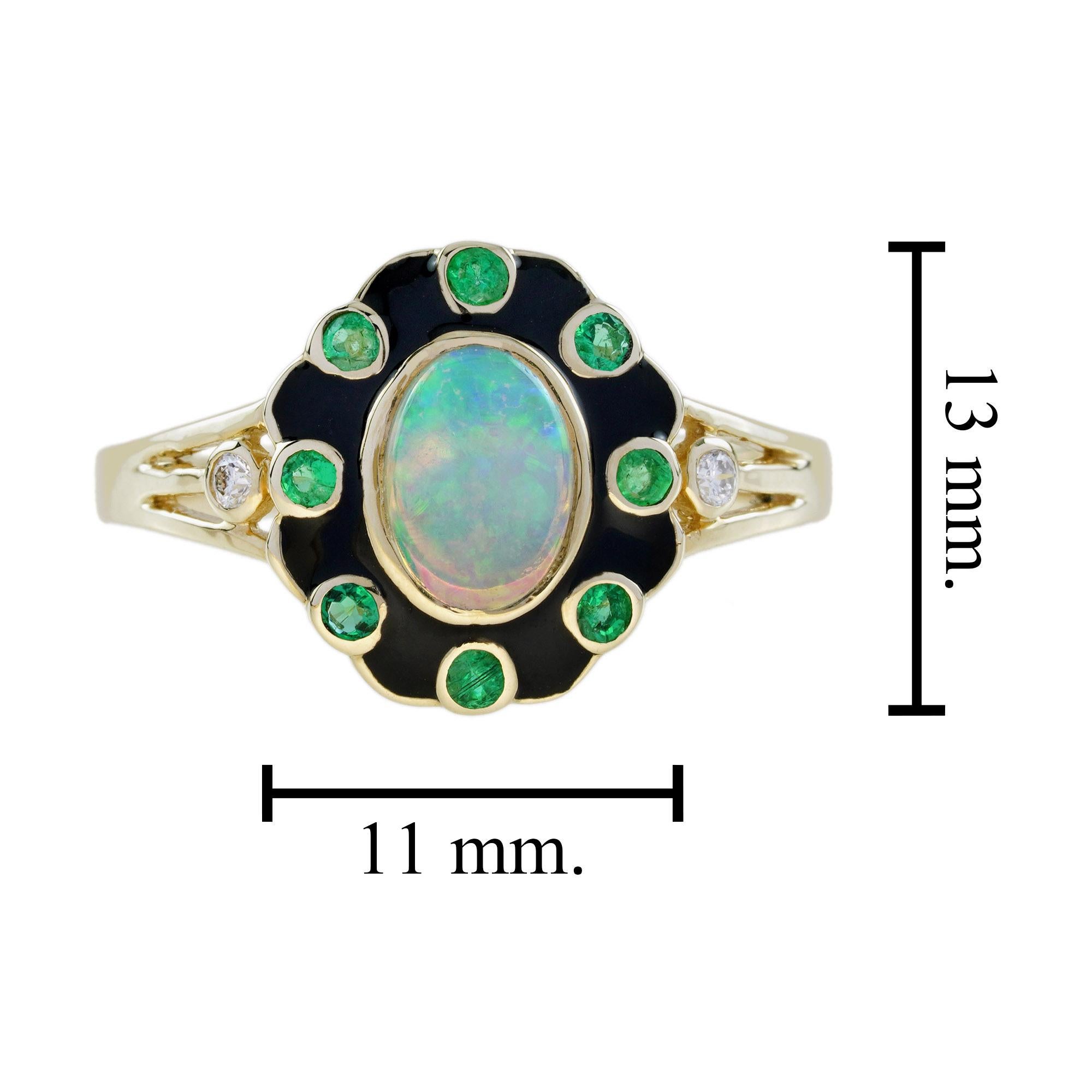 Opal Emerald Diamond Art Deco Style Halo Ring in 9K Yellow Gold For Sale 2