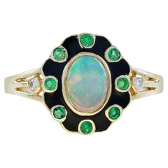 Anillo Halo de Ópalo Esmeralda Diamante Estilo Art Decó en Oro Amarillo de 9 K