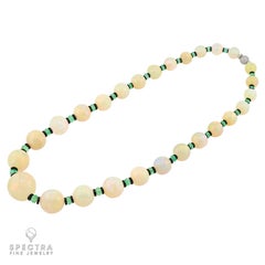 Modern 18k White Gold Opal Emerald Diamond Beaded Necklace, 734ct