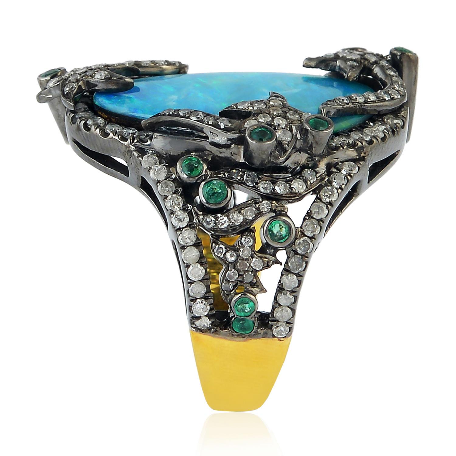 Contemporary Opal Emerald Diamond Cocktail Ring For Sale