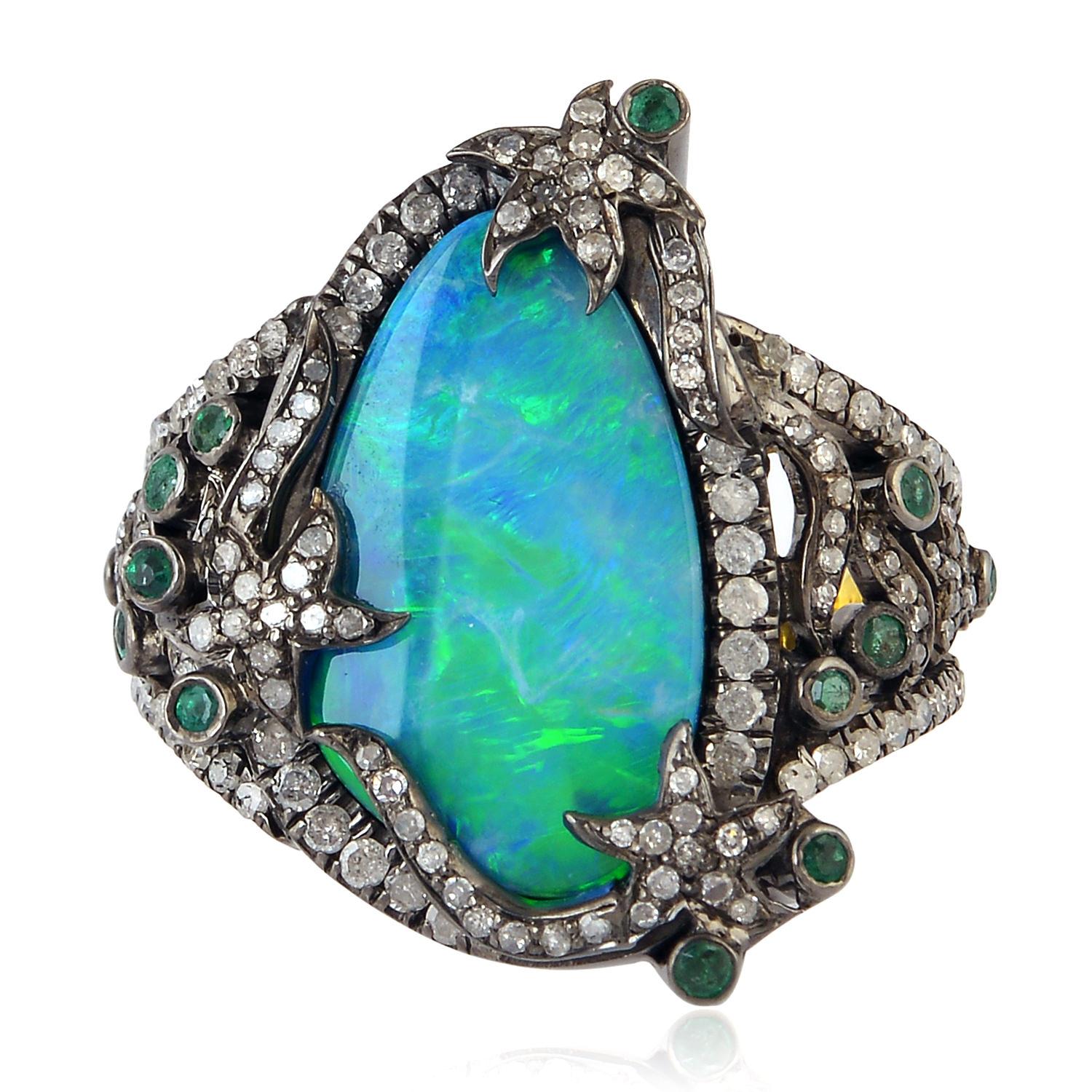 Mixed Cut Opal Emerald Diamond Cocktail Ring For Sale
