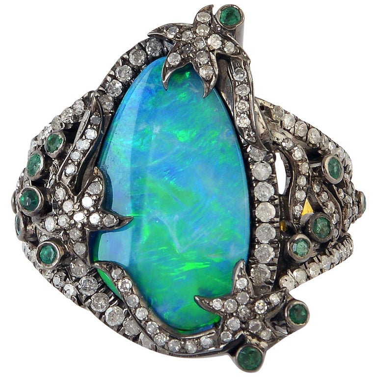 Opal Emerald Diamond Cocktail Ring For Sale at 1stDibs