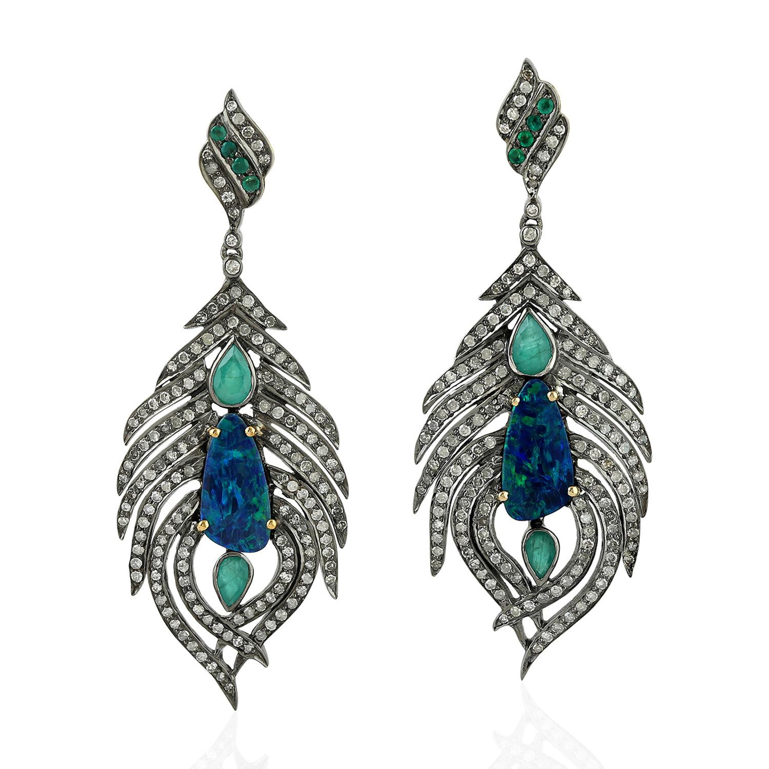 Contemporary Opal Emerald Diamond Earrings For Sale
