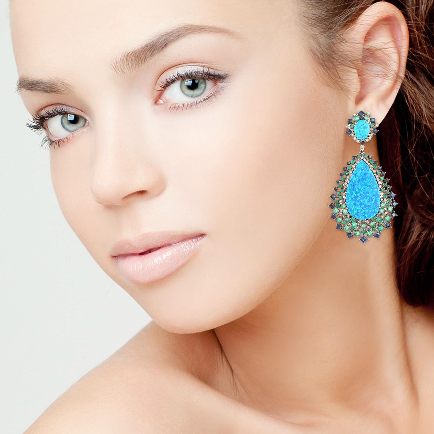 Mixed Cut Opal Emerald Diamond Earrings For Sale