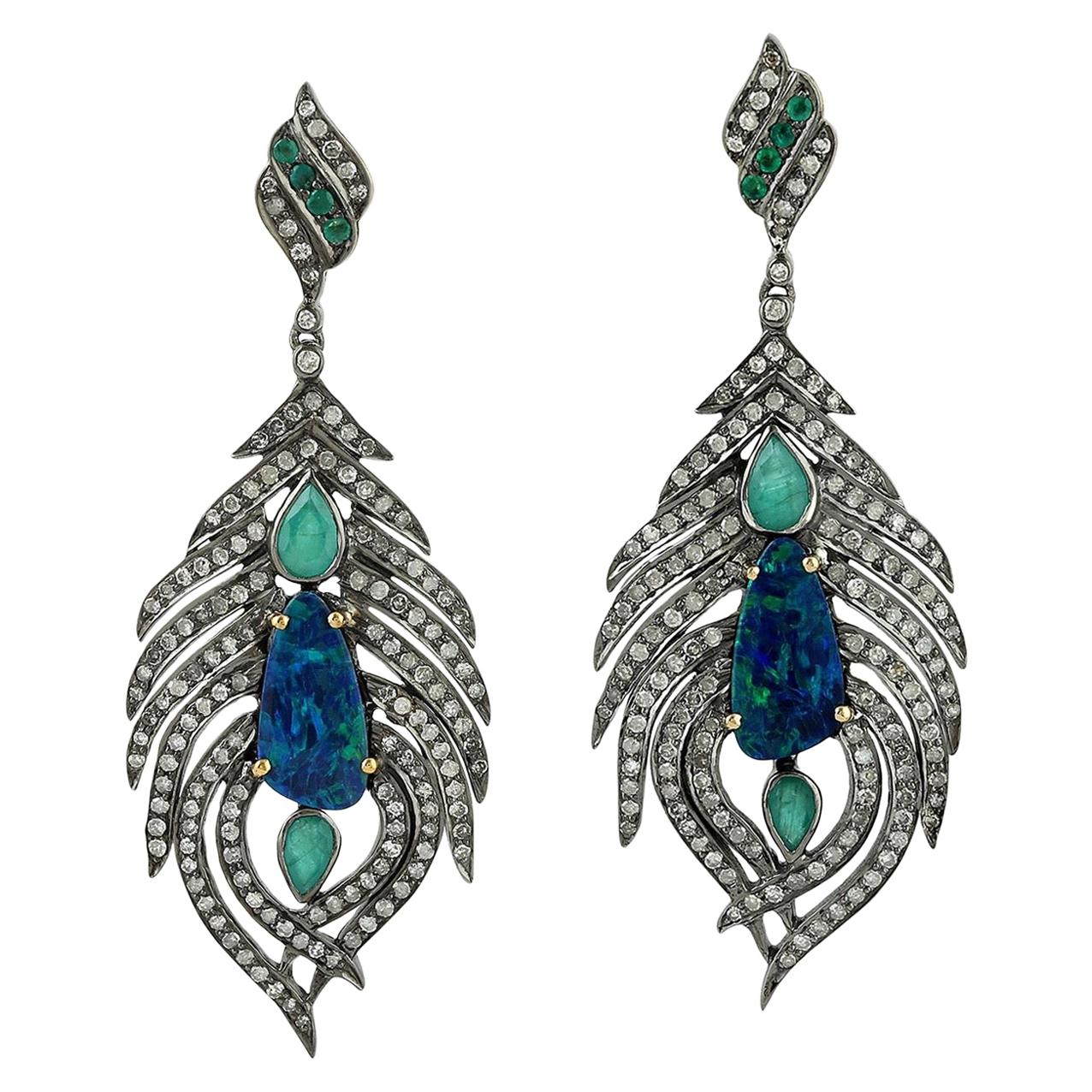 Opal Emerald Diamond Earrings For Sale