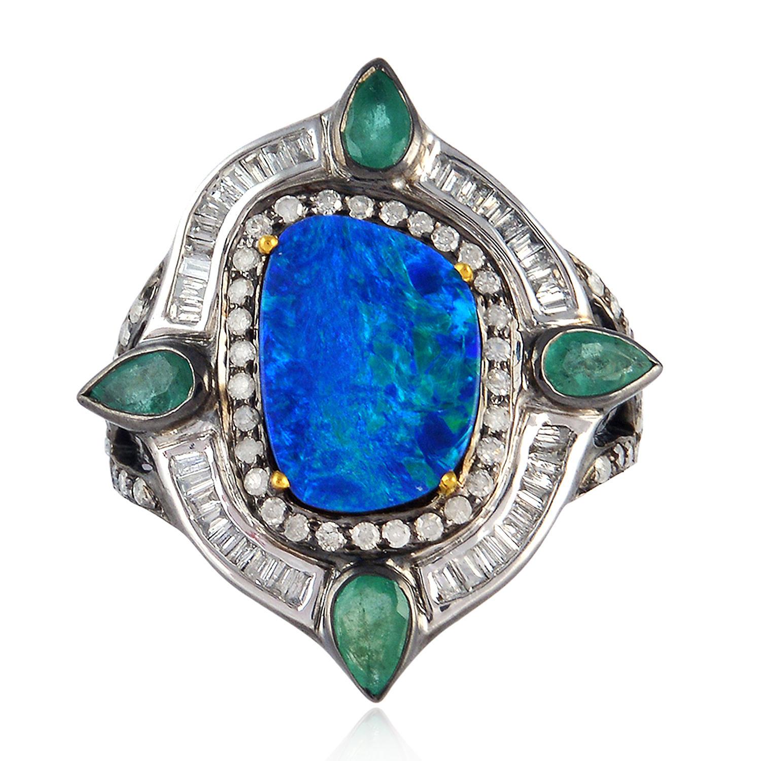 Contemporary Opal Emerald Diamond Ring For Sale