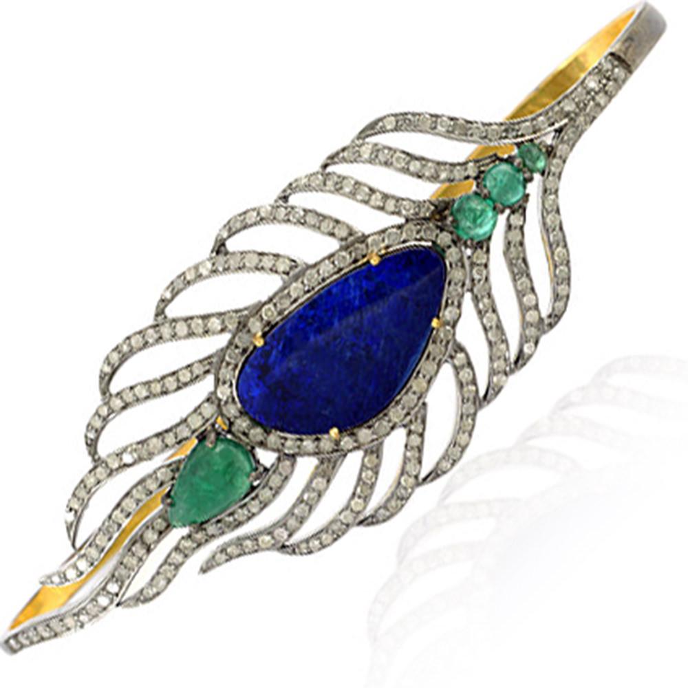 Mixed Cut Opal Emerald & Diamond Victorian Style Palm Bracelet 8.70 Carats Total 18K Gold  For Sale