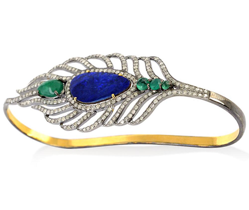 Opal Emerald & Diamond Victorian Style Palm Bracelet 8.70 Carats Total 18K Gold  For Sale 2