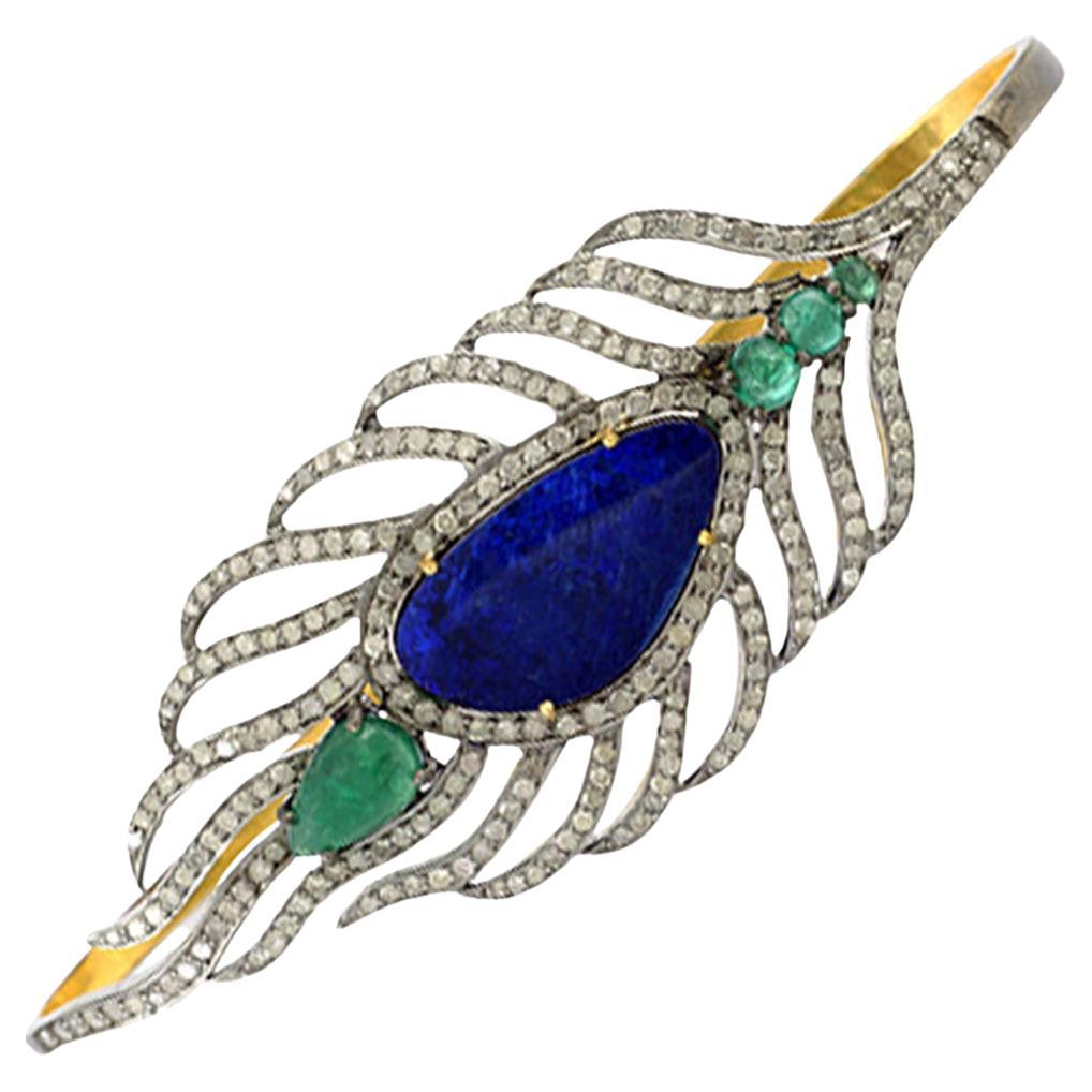 Opal Emerald & Diamond Victorian Style Palm Bracelet 8.70 Carats Total 18K Gold  For Sale
