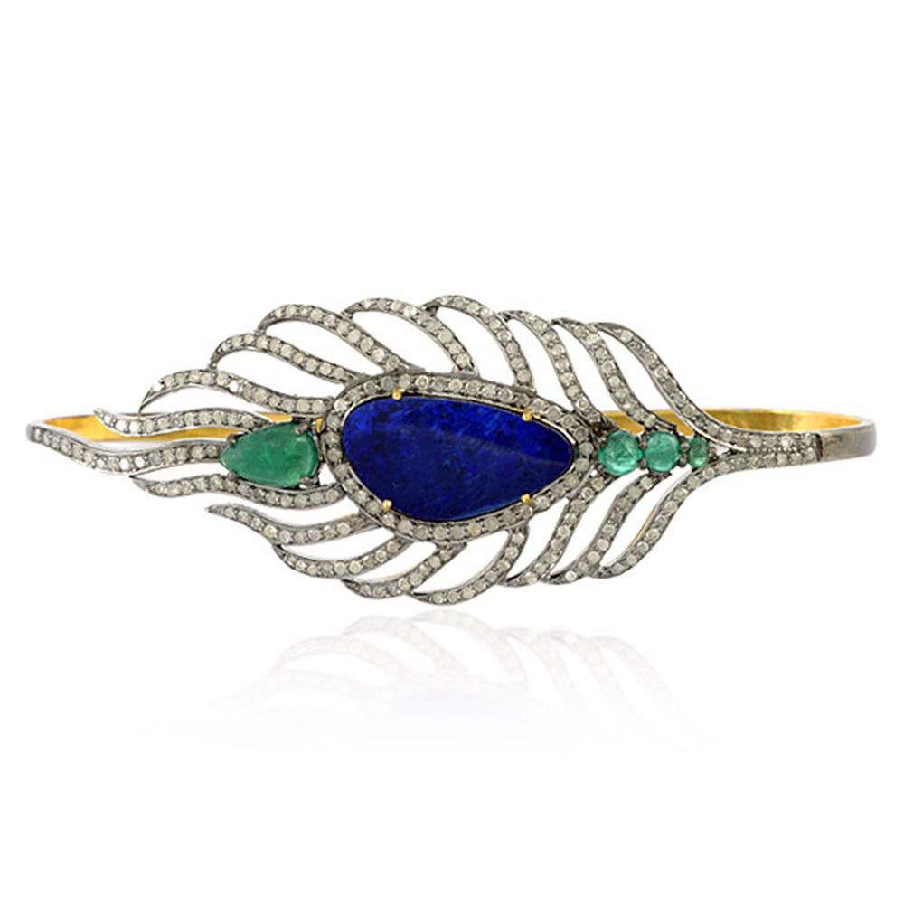 Mixed Cut Opal Emerald & Diamond Victorian Style Palm Bracelet 8.70 Carats Total 18K Gold  For Sale