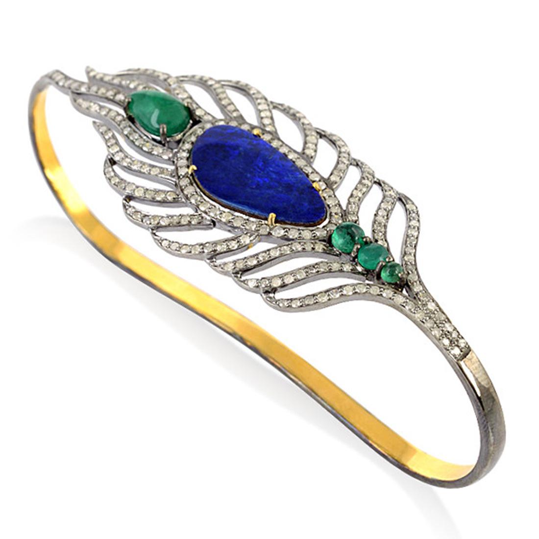 Women's Opal Emerald & Diamond Victorian Style Palm Bracelet 8.70 Carats Total 18K Gold  For Sale