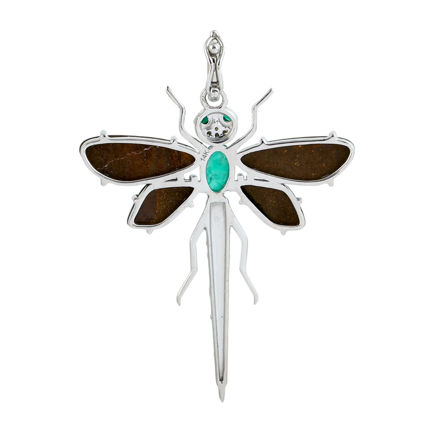 Opal & Emerald Dragonfly Pendant With Diamonds In 14k White Gold en Nuevo estado para la venta en New York, NY