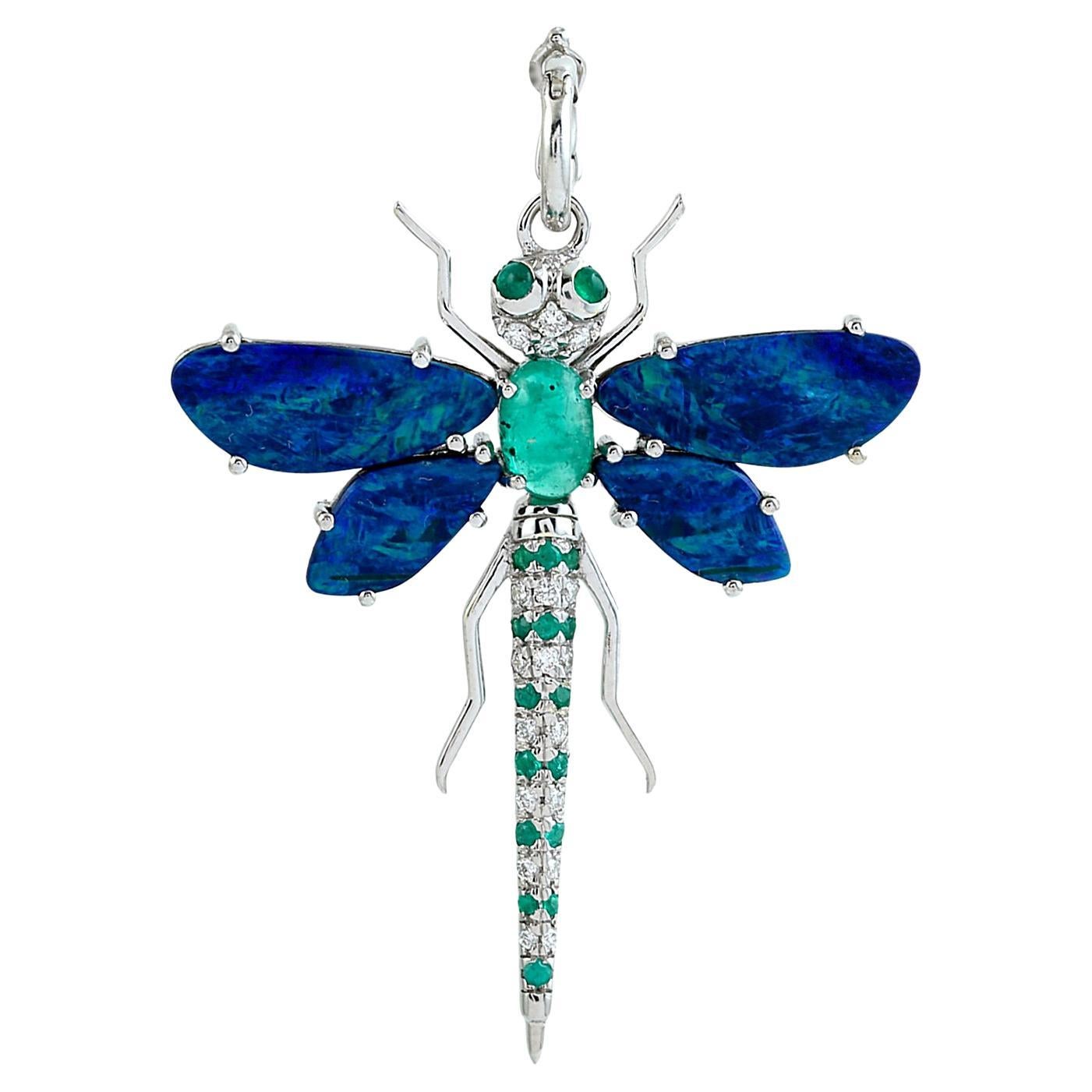 Opal & Emerald Dragonfly Pendant With Diamonds In 14k White Gold