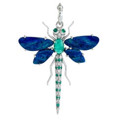 Opal & Emerald Dragonfly Pendant With Diamonds In 14k White Gold