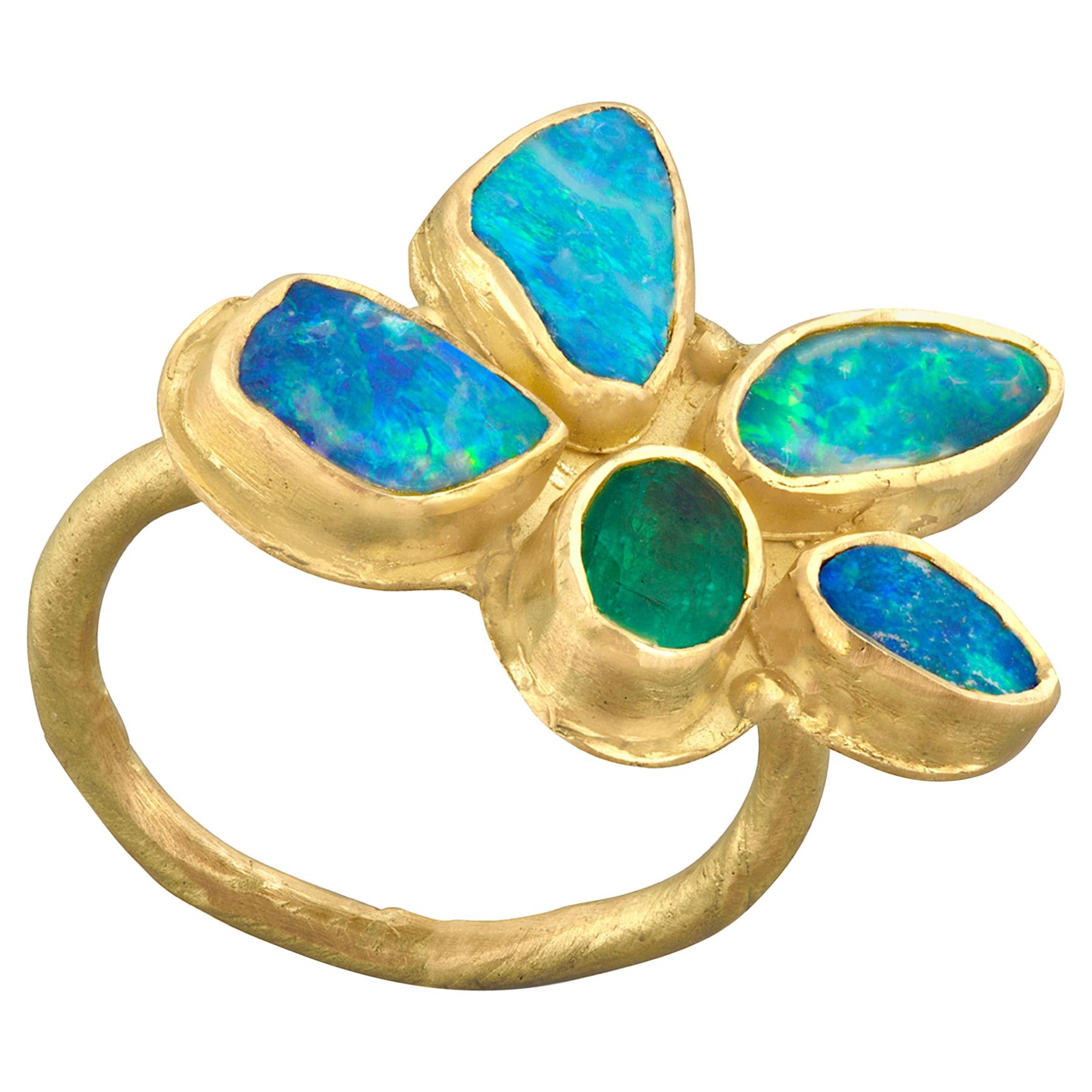 Opal Emerald Flower Gold Ring