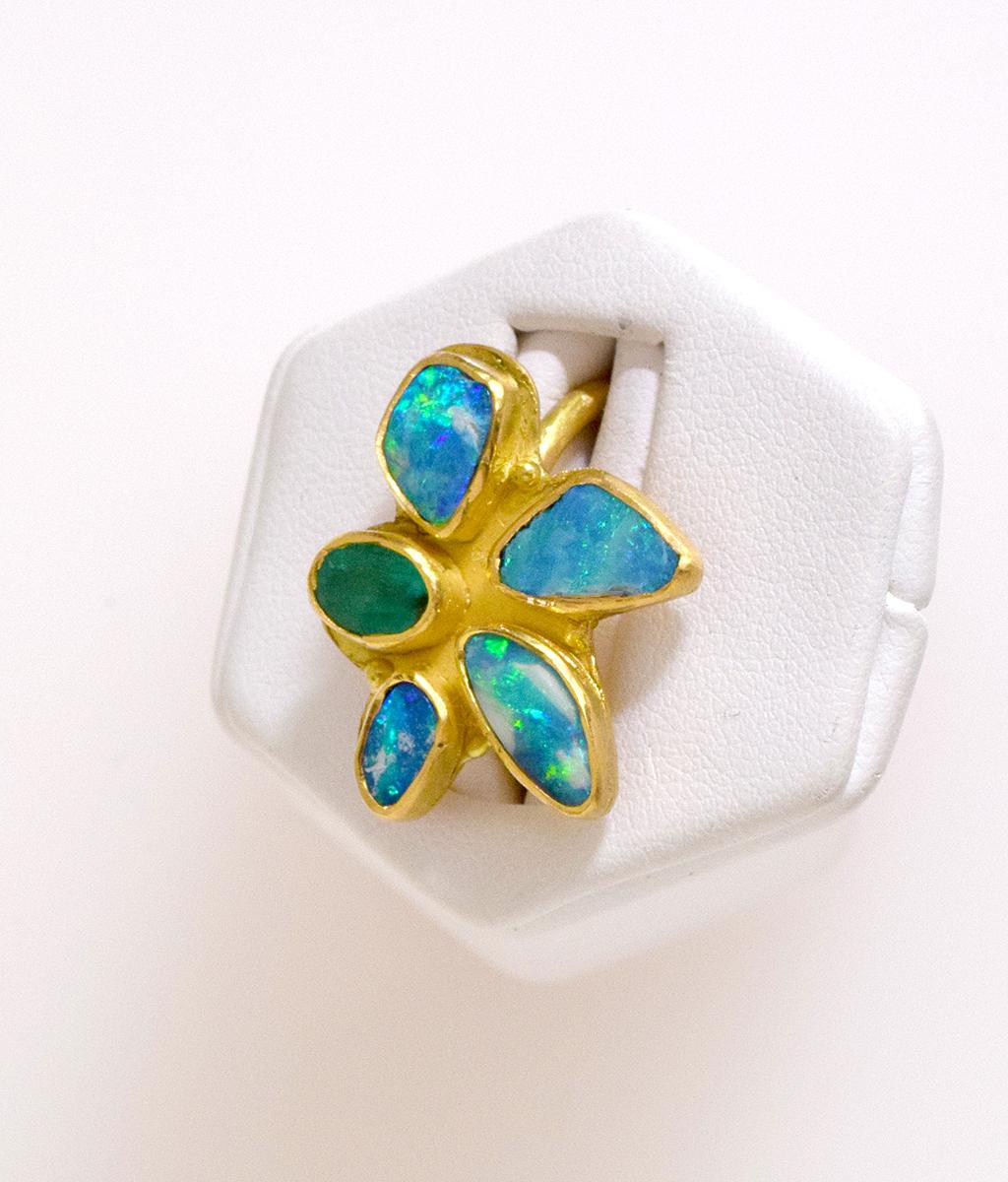 Contemporary Opal Emerald Flower Gold Ring