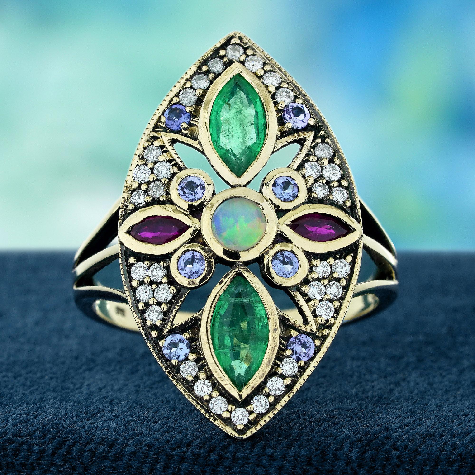 A  breathtaking celebration of spring’s vibrant colors. The center features a mesmerizing opal surrounded by radiant emeralds, rubies, and tanzanites, arranged like colorful leaves in full bloom. Sparkling diamonds delicately frame the gemstones,