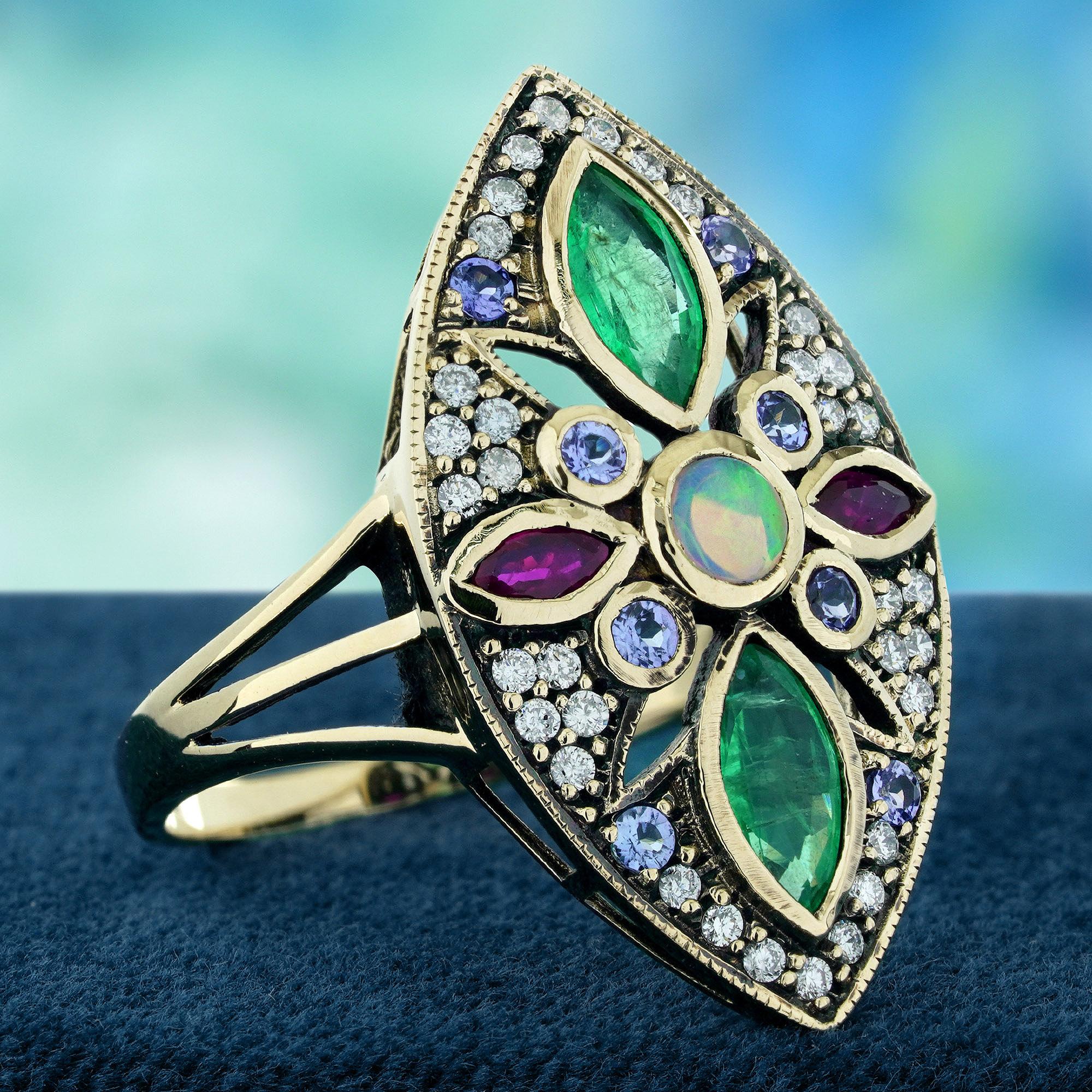 Edwardian Opal Emerald Ruby Tanzanite Diamond Vintage Style Floral Ring in 9K Gold For Sale