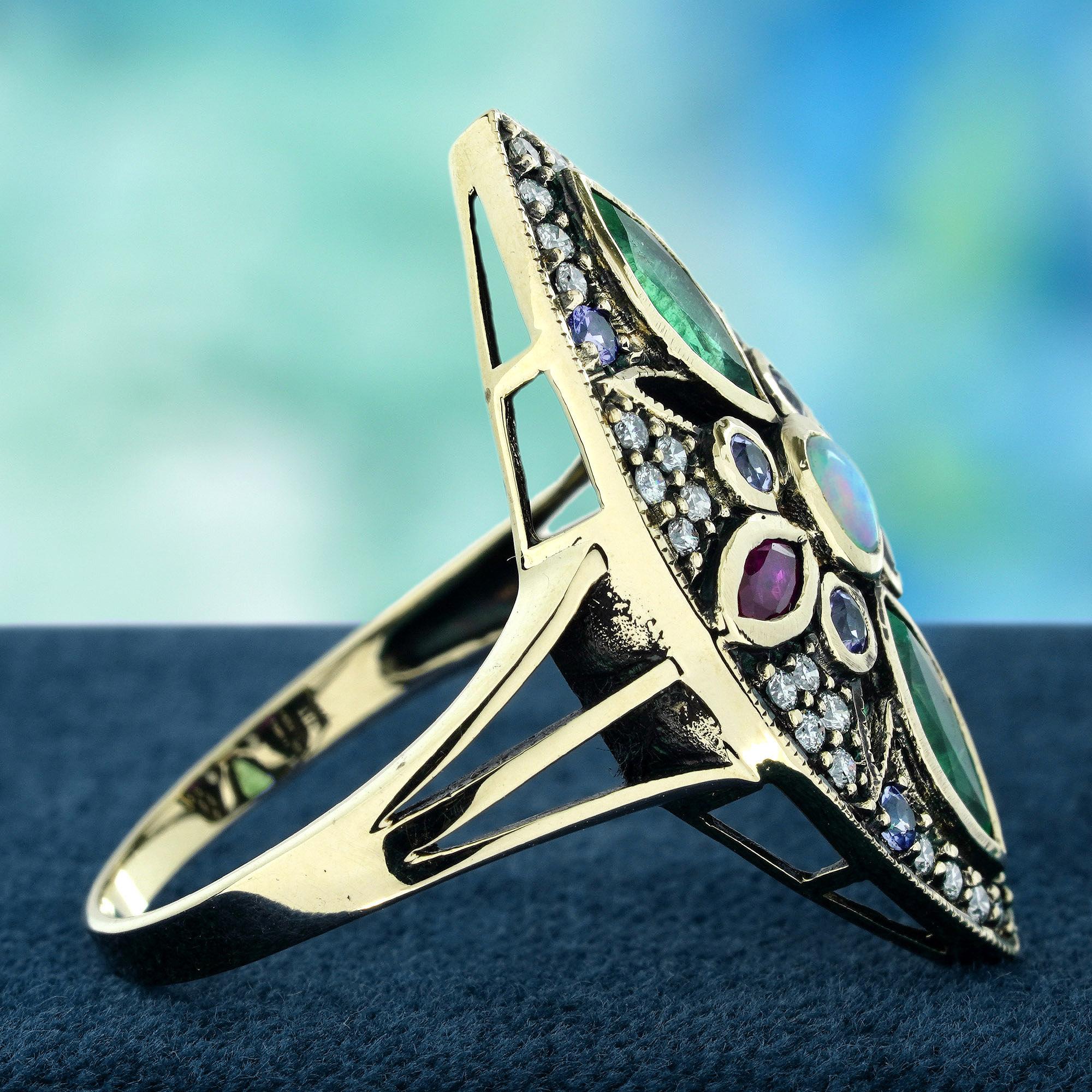 Round Cut Opal Emerald Ruby Tanzanite Diamond Vintage Style Floral Ring in 9K Gold For Sale