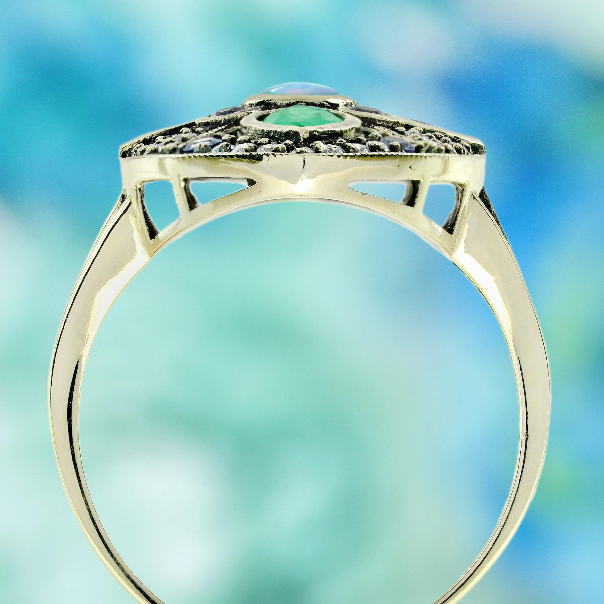 Opal Emerald Ruby Tanzanite Diamond Vintage Style Floral Ring in 9K Gold In New Condition For Sale In Bangkok, TH