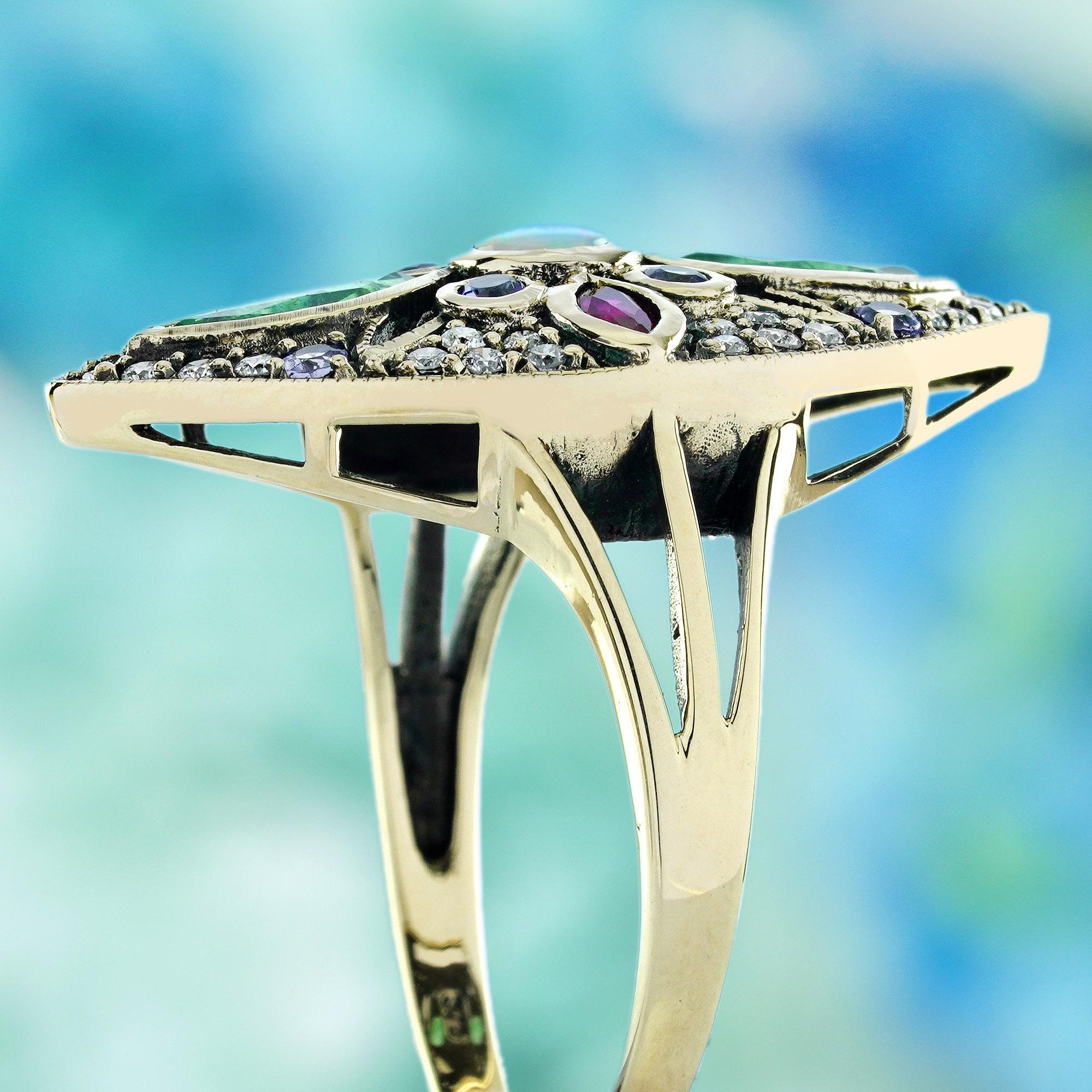 Women's Opal Emerald Ruby Tanzanite Diamond Vintage Style Floral Ring in 9K Gold For Sale