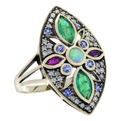Opal Emerald Ruby Tanzanite Diamond Vintage Style Floral Ring in 9K Gold