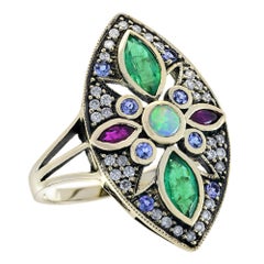 Opal Emerald Ruby Tanzanite Diamond Vintage Style Floral Ring in 9K Gold