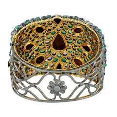Opal Emerald Tanzanite and Diamond Cuff Bracelet in Gold and Silver