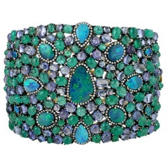 Opal Emerald Tanzanite and Diamond Cuff Bracelet in Gold and Silver