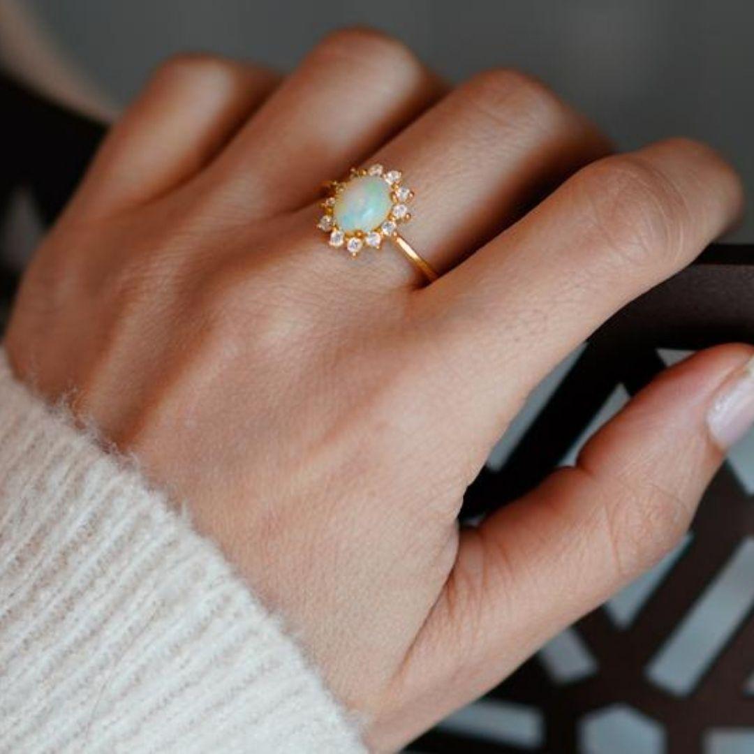 Artisan Opal Engagement Ring, Fire Opal Ring, Opal Wedding Ring, Dainty Opal Ring For Sale