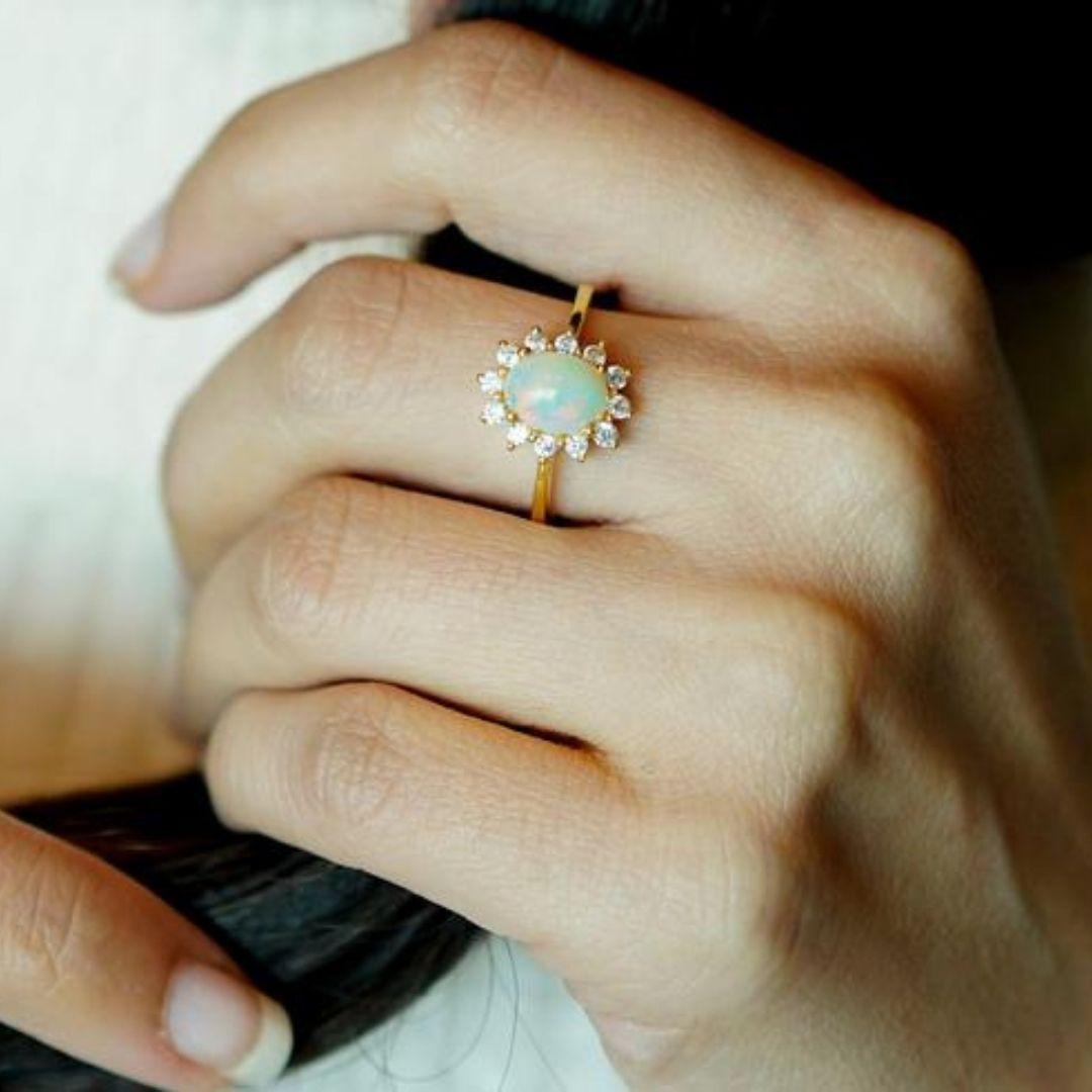 Opal Engagement Ring, Fire Opal Ring, Opal Wedding Ring, Dainty Opal Ring In New Condition For Sale In New York, NY