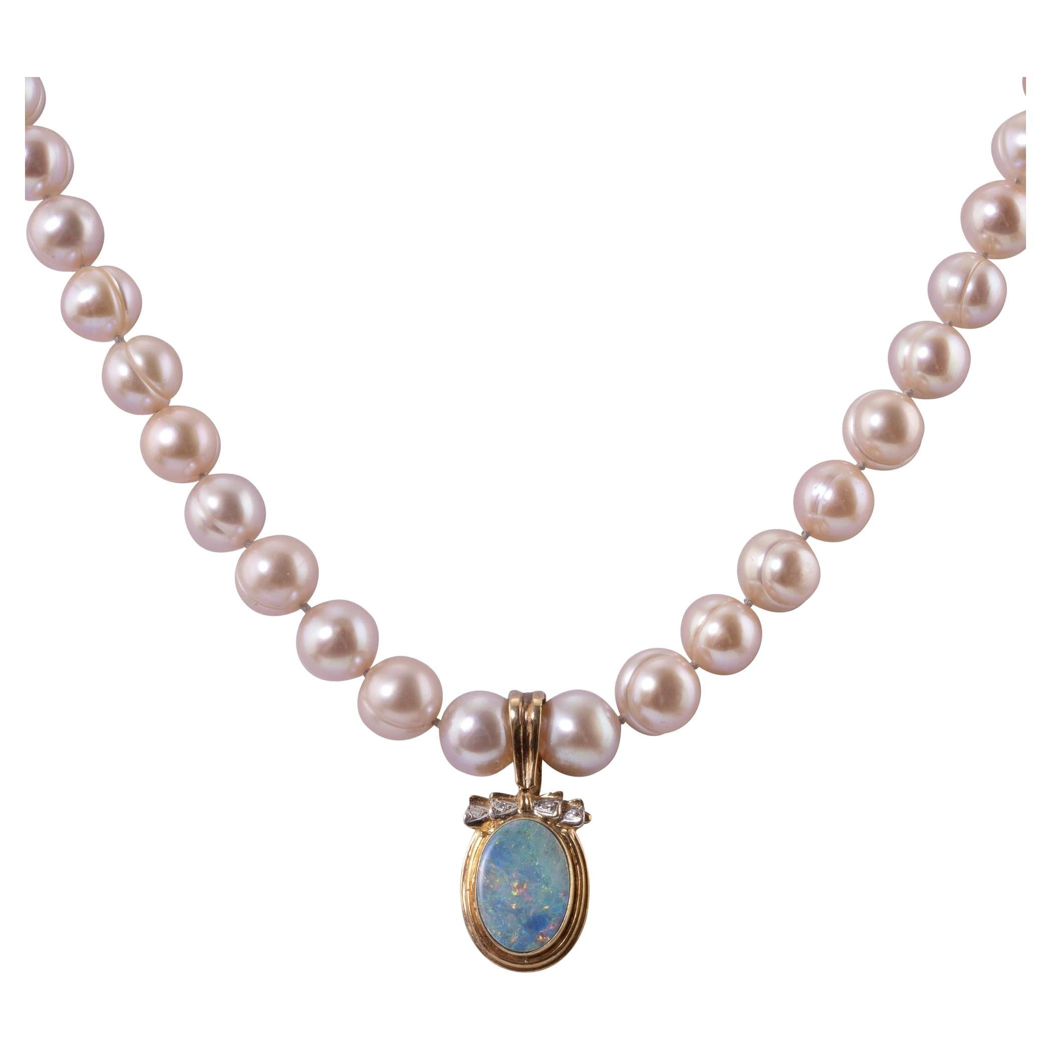 Opal Enhancer Pendant on Pearl Necklace For Sale
